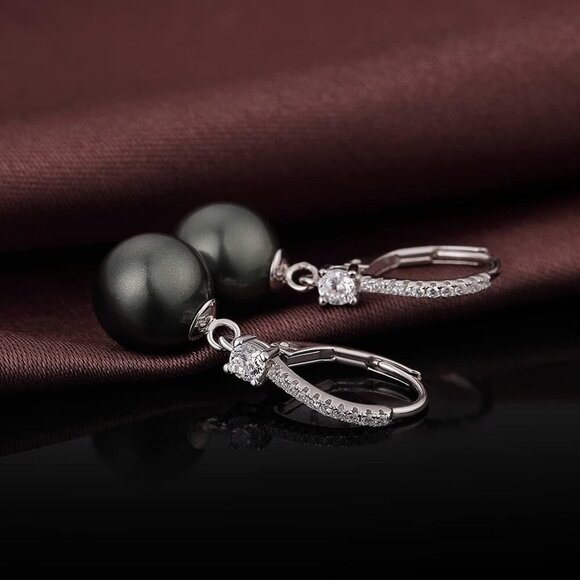 18K White Gold Plated Pearl Earrings for Women,, Cubic Zirconia Pearl Diamond - Picture 5 of 6